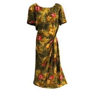 Vintage 90s Maxi Dress Tropical Animal Flattering Ruched Tie Hip Back Zip 16W 1X